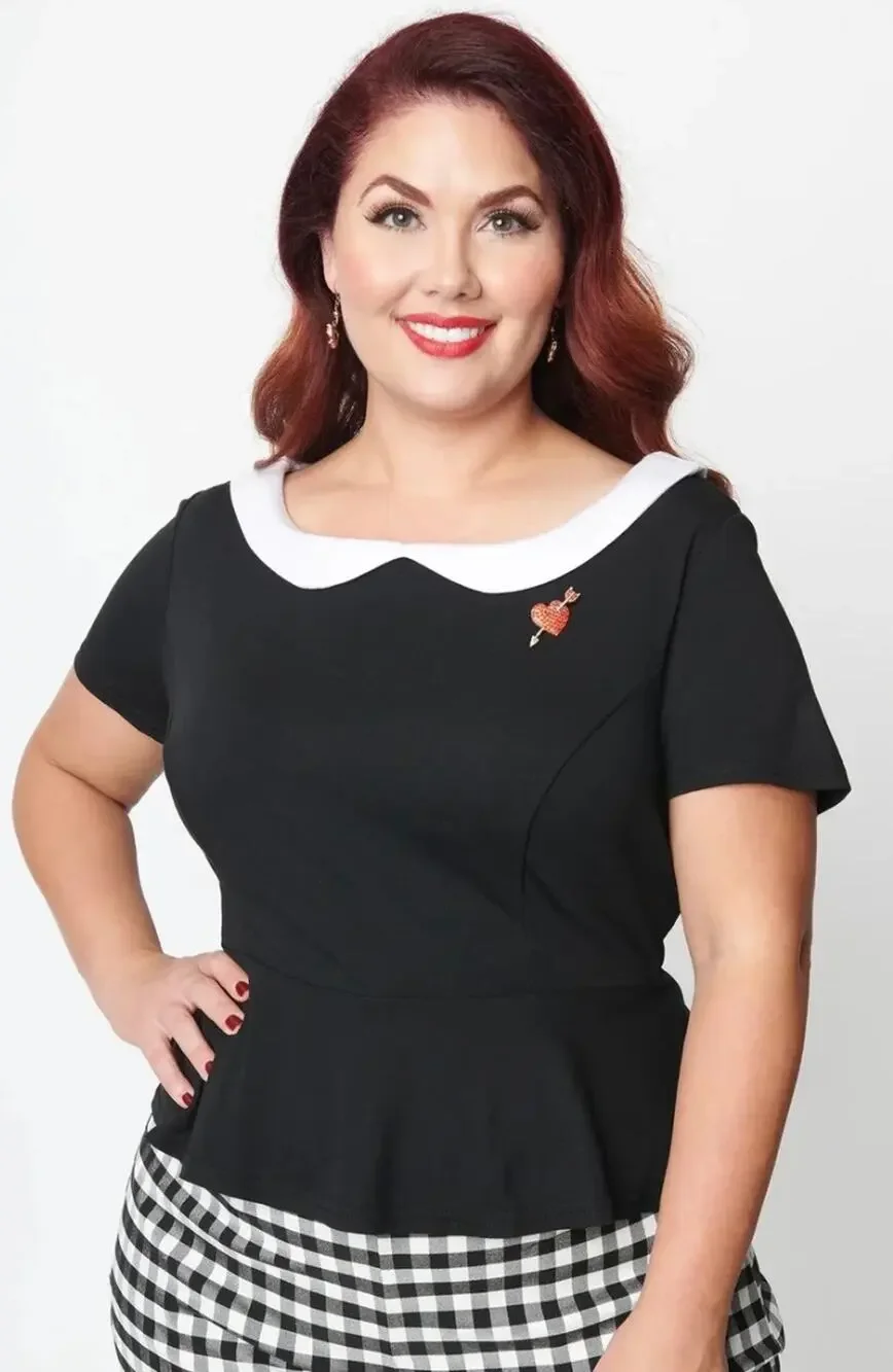 Unique Vintage Black And White Collar Peplum Top XL NWOT